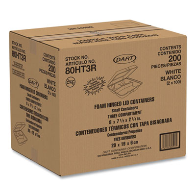 Foam Hinged Lid Containers, 3 Compartments, 7.5 x 8 x 2.3, W
