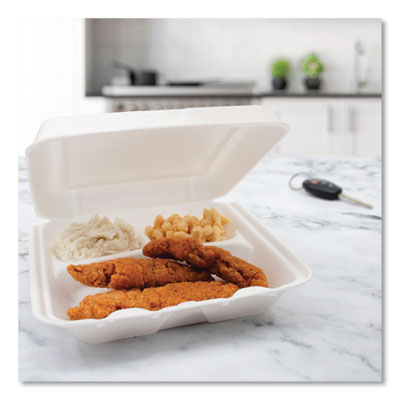 Foam Hinged Lid Containers, 3 Compartments, 7.5 x 8 x 2.3, W