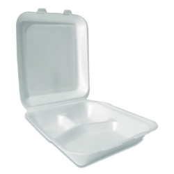 Foam Hinged Lid Containers, 3-Compartment, 7.56 x 8.25 x 2.3