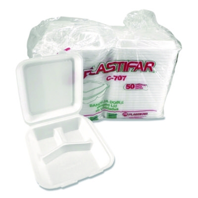 Foam Hinged Lid Containers, 3-Compartment, 7.56 x 8.25 x 2.3