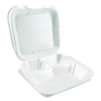 Foam Hinged Lid Containers, 3-Compartment, 9 x 9 x 3, White,