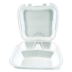 Foam Hinged Lid Containers, 3-Compartment, 9 x 9 x 3, White,