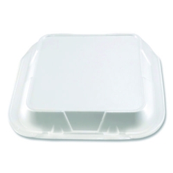 Foam Hinged Lid Containers, 3-Compartment, 9 x 9 x 3, White,