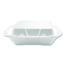 Foam Hinged Lid Containers, 3-Compartment, 9 x 9 x 3, White,