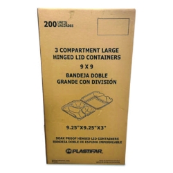 Foam Hinged Lid Containers, 3-Compartment, 9 x 9 x 3, White,