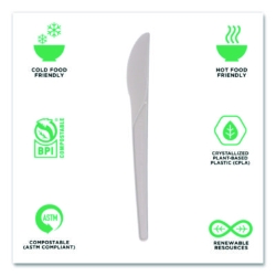 Plantware Compostable Cutlery, Knife, Plastic, Pearl White,