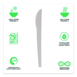 Plantware Compostable Cutlery, Knife, Plastic, White, 1,000/