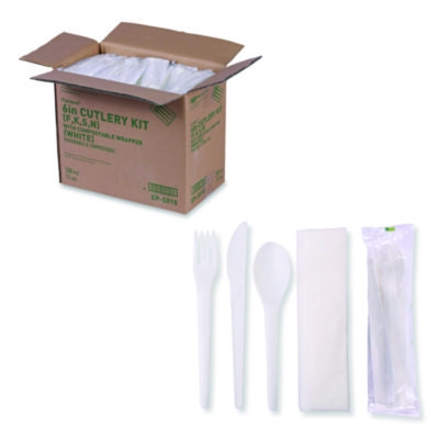 Plantware Compostable Cutlery Kit, Fork/Knife/Napkin/Spoon, 