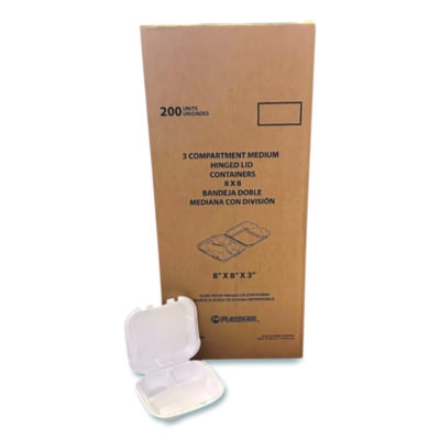Foam Hinged Lid Containers, 3-Compartment, 8.56 x 8 x 2.76, 