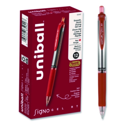 Signo Gel Pen, Retractable, Medium 0.7 mm, Red Ink, Silver/R