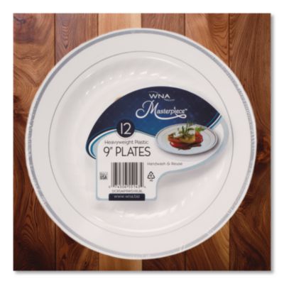 Masterpiece Plastic Dinnerware, 9" Dia, White/silver, 10/pac