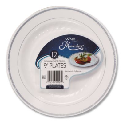Masterpiece Plastic Dinnerware, 9" Dia, White/silver, 10/pac