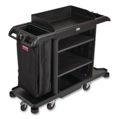 Full-Size Housekeeping Cart, Plastic, 3 Shelves, 1 Bin, 24.4