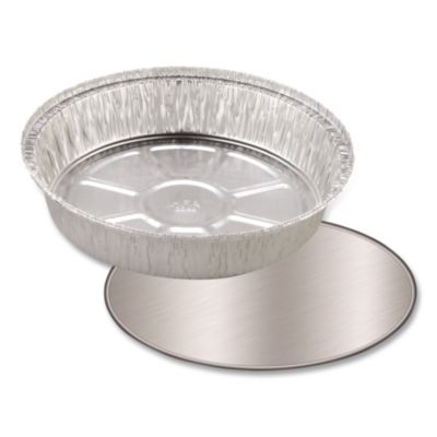Round Aluminum Container with Lid, 48 oz, 9" Diameter, Silve