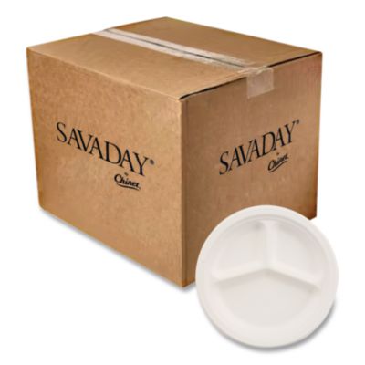 Paper Dinnerware, 3-Compartment Plate, 10.25" Dia, White, 50