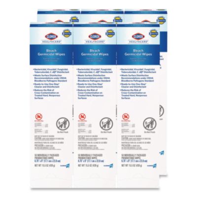 Bleach Germicidal Wipes, Individual Wipes, 1-Ply, 6.75 x 9,