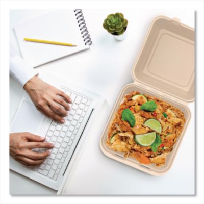 Compostable Molded Fiber Hinged Trays, ProPlanet Seal, 9.14