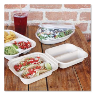 Fiber Hinged Takeout Containers, Taco Box, 2 Compartments, 5