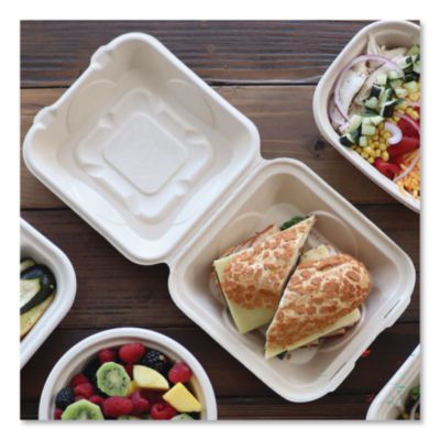 Fiber Hinged Takeout Containers, 8.2 x 8.8 x 2.9, Natural, S