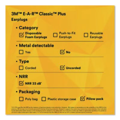 E-A-RClassic Plus Earplugs, 33 dB NRR, Large, Yellow Cylindr