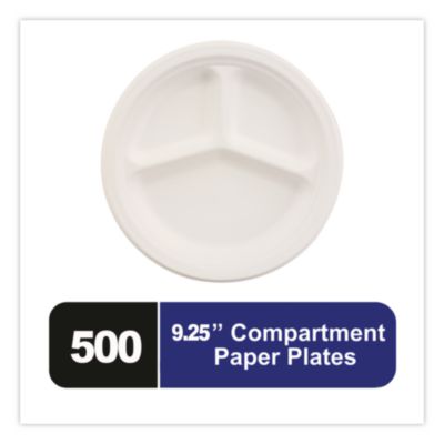 Paper Dinnerware, 3-Compartment Plate, 9.25" Dia, White, 500