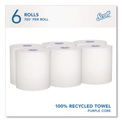 100% Recycled Hard Roll Paper Towels, 1-Ply, 8" x 700 ft, Wh