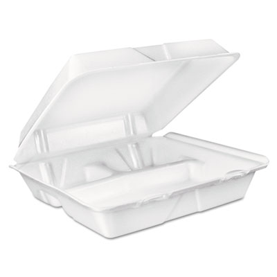 Foam Hinged Lid Container, 3 Compartments, 8 oz, 9 x 9.4 x 3
