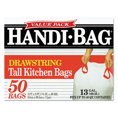 Drawstring Kitchen Bags, 13 gal, 24" x 27.4", White, 50 Bags