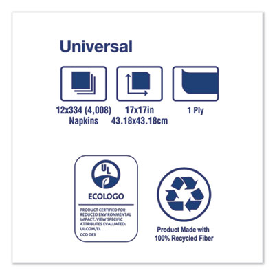 Universal Dinner Napkins, 1-Ply, 17 x 17, 1/4 Fold, White, 4