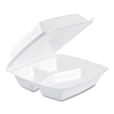 Foam Hinged Lid Containers, 3 Compartments, 8.38 x 7.78 x 3.