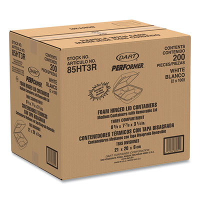 Foam Hinged Lid Containers, 3 Compartments, 8.38 x 7.78 x 3.