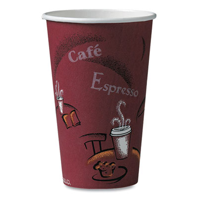 Paper Hot Drink Cups in Bistro Design, 16 oz, Maroon, 1,000/