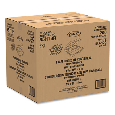 Foam Hinged Lid Containers, 3 Compartments, 9.25 x 9.5 x 3,