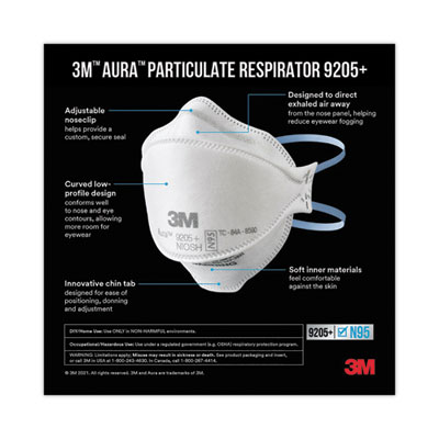 Aura Particulate Respirator 9205+, N95, One Size Fits All, 2