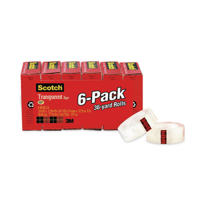 Transparent Tape, 1" Core, 0.75" X 36 Yds, Transparent, 6/pa