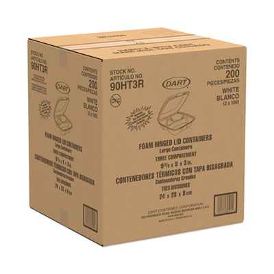 Foam Hinged Lid Container, 3 Compartments, 8 oz, 9 x 9.4 x 3