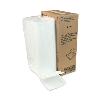 Vented Foam Hinged Lid Container, Dual Tab Lock, 8.4 x 8 x 3