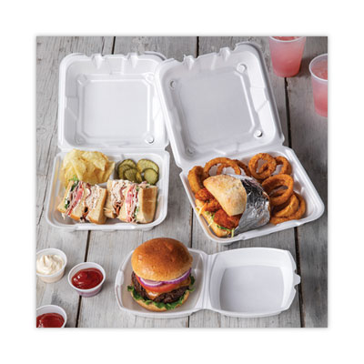 Vented Foam Hinged Lid Container, Dual Tab Lock, 8.4 x 8 x 3