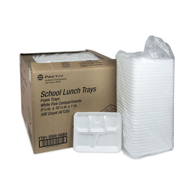 Foam School Trays, 5-Compartment Tray, 8.25 x 10.5 x 1, Whit