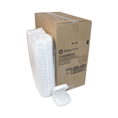 Foam Hinged Lid Container, Single Tab Lock, 6 x 6 x 3, White
