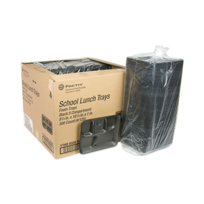 Foam School Trays, 5-Compartment Tray, 8.25 x 10.25 x 1, Bla