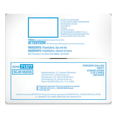 Zipper Freezer Bags, 1 gal, 10.56" x 10.75", Clear, 250/Cart