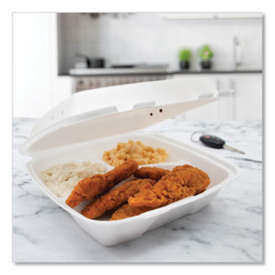 Insulated Foam Hinged Lid Containers, 3 Compartments, 9.01 x