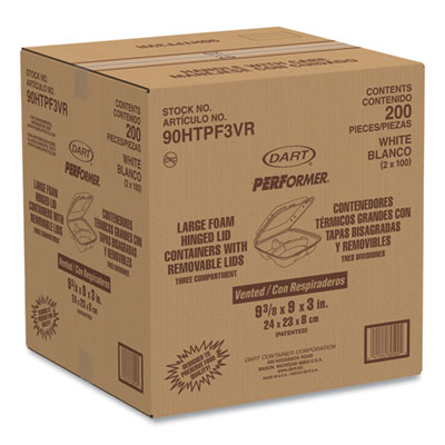 Insulated Foam Hinged Lid Containers, 3 Compartments, 9.01 x