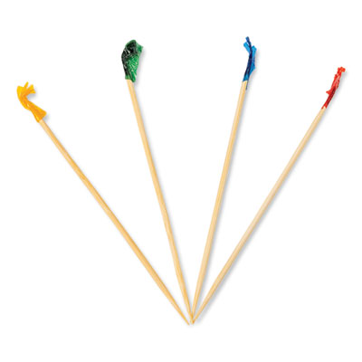 Cellophane-Frill Wood Picks, 4", Bamboo, Assorted Colors, 10