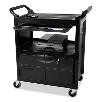 Utility Cart with Locking Doors, Plastic, 3 Shelves, 200 lb