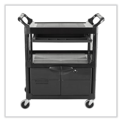 Utility Cart with Locking Doors, Plastic, 3 Shelves, 200 lb