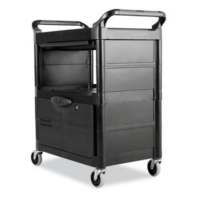 Utility Cart with Locking Doors, Plastic, 3 Shelves, 200 lb