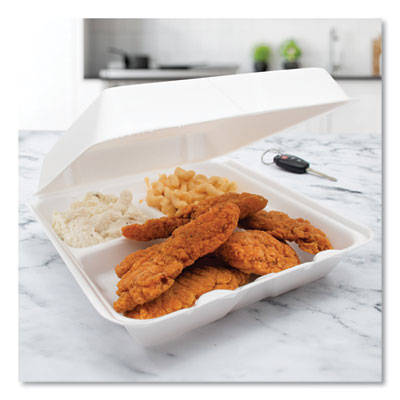 Foam Hinged Lid Containers, 3 Compartments, 9.25 x 9.5 x 3,