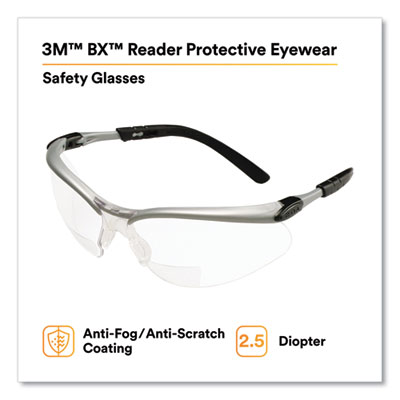 BX Molded-In Diopter Safety Glasses, 2.5+ Diopter, Silver/Bl